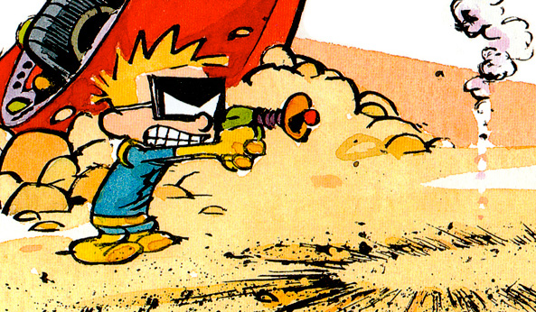 Image of Spaceman Spiff in a combat stance, laser gun drawn, near a ring of ashes that looks like it used to be an alien.